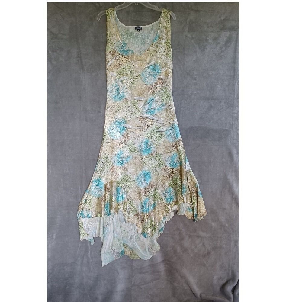 Komarov Dress Lg Crinkle Y2K Vneck Flounce Whimsy Ethereal Boho Flowy Mermaid